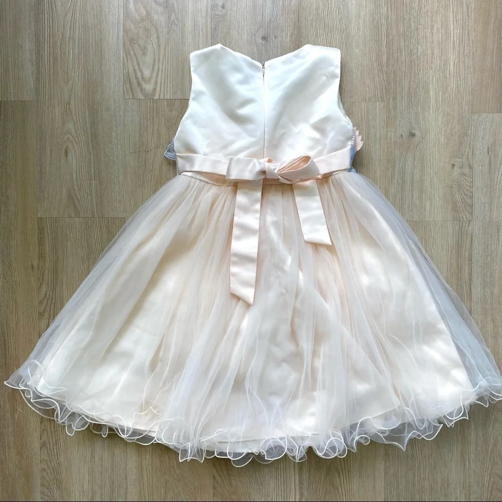 Cielarko Peach & Blue Butterfly Flower Tulle Dress, Satin Top, Size 130 (6/7 Y)